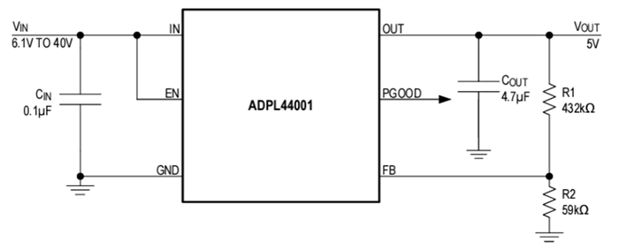 Schéma du circuit d'application - Analog Devices Inc. Régulateurs linéaires haute tension ADPL44001